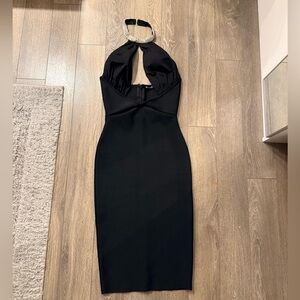 Black Halter Midi Dress with Beaded Neckline